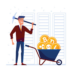 Image showing Man with pickaxe and barrow full of crypto coins