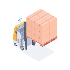 Image showing Wi-fi forklift lifting boxes isometric vector illustration