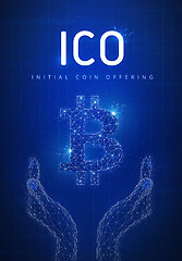 Image showing ICO initial coin offering futuristic hud banner with bitcoin sym