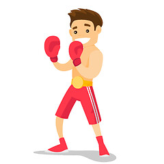 Image showing Caucasian white boxer training in boxing gloves.