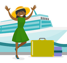 Image showing Tourist goes to the cruise liner with a suitcase.