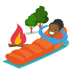 Image showing African-american woman sleeping in a sleeping bag.