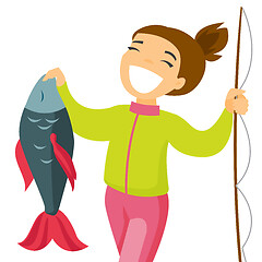 Image showing Caucasian white fisherwoman holding fish.