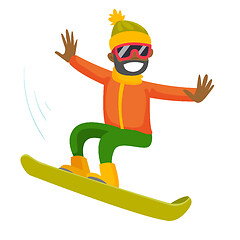 Image showing Young black man riding a snowboard.