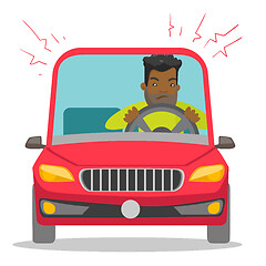 Image showing Angry black man in car stuck in traffic jam.