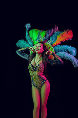 Image showing Beautiful young woman in carnival peacock costume