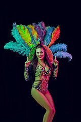 Image showing Beautiful young woman in carnival peacock costume