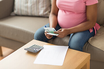 Image showing pregnant woman counting money at home