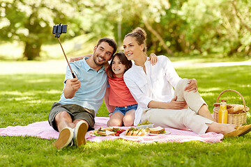 Image showing family having picnic and taking selfie at park