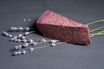 Image showing Lavender cheese with bunch of fresh lavender flowers