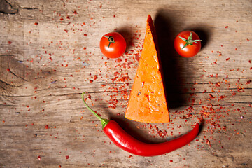 Image showing Funny face made of a piece of red gourmet cheese, tomatos and cayenne