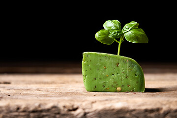 Image showing A piece of gourmet basil cheese with twig of basil on rough wooden planks