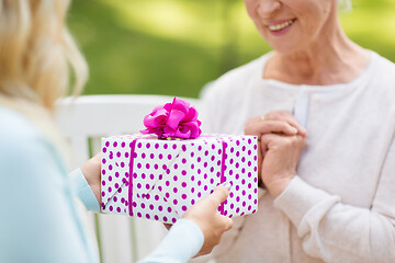 Image showing daughter giving present to senior mother at park