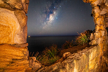 Image showing Views to the night sky from inside the sandstone cave