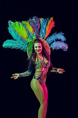Image showing Beautiful young woman in carnival peacock costume
