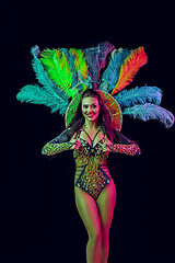 Image showing Beautiful young woman in carnival peacock costume