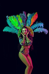 Image showing Beautiful young woman in carnival peacock costume