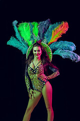 Image showing Beautiful young woman in carnival peacock costume