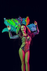 Image showing Beautiful young woman in carnival peacock costume