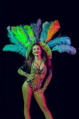 Image showing Beautiful young woman in carnival peacock costume