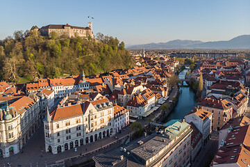 Image showing Aerial drone panoramic view of Ljubljana, capital of Slovenia in warm afternoon sun