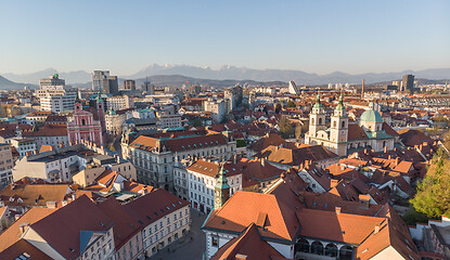 Image showing Panoramic view of Ljubljana, capital of Slovenia, at sunset. Empty streets of Slovenian capital during corona virus pandemic social distancing measures in 2020