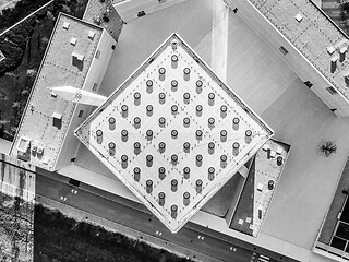 Image showing Top aerial view of modern archiecture of islamic religious cultural centre in Ljubljana, Slovenia, Europe. Black and white image