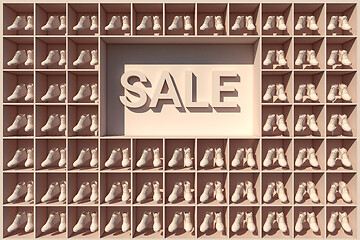 Image showing 3D render of a shelf full of shoes levitating in cells