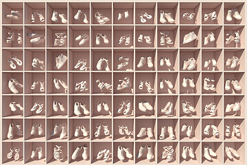 Image showing 3D render of a shelf full of shoes levitating in cells