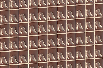 Image showing 3D render of a shelf full of shoes levitating in cells