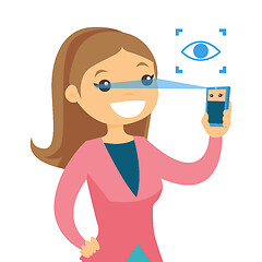 Image showing White woman scanning eyes with smartphone