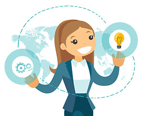 Image showing A businesswoman with a lightbulb and a map as symbols of global 