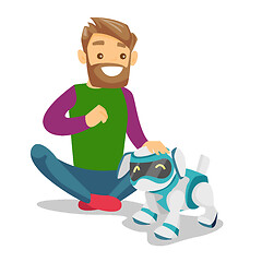 Image showing White man playing with dog robot