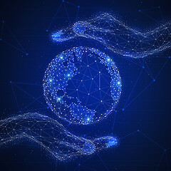 Image showing Blockchain technology futuristic hud banner with hands and globe