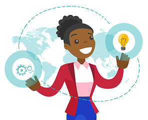 Image showing A businesswoman with a lightbulb and a map as symbols of global business idea.