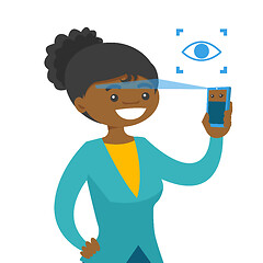 Image showing Black woman scanning eyes with smartphone