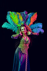 Image showing Beautiful young woman in carnival peacock costume