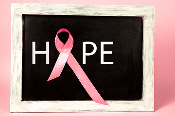 Image showing the text world cancer day and a pink ribbon on a table background