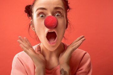 Image showing Happy woman on red nose day.