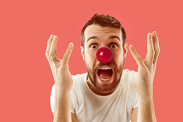 Image showing Happy man on red nose day.