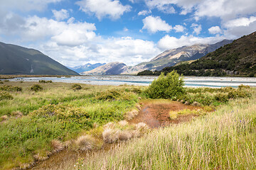 Image showing riverbed landscape scenery Arthur\'s pass in south New Zealand