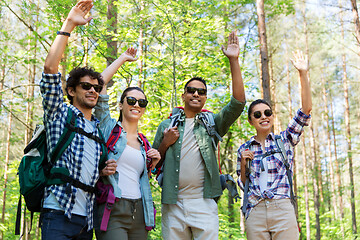 Image showing group of friends with backpacks hiking in forest