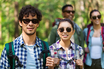 Image showing group of friends with backpacks hiking in forest