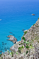 Image showing Overview of rock stone coast. Calabria, Italy: scenic view of ti