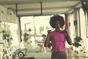 Image showing woman working out in a crossfit gym with dumbbells