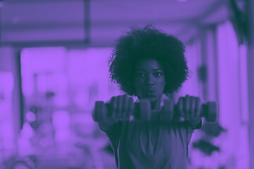 Image showing woman working out in a crossfit gym with dumbbells