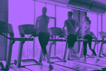 Image showing Group of people running on treadmills