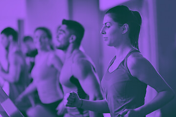 Image showing Group of people running on treadmills