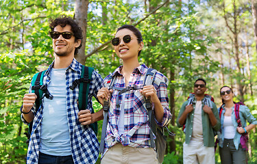 Image showing group of friends with backpacks hiking in forest