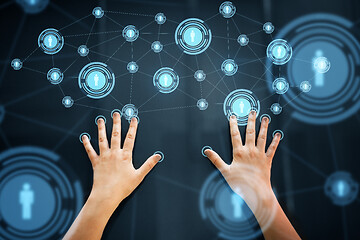 Image showing hands using interactive panel with network icons